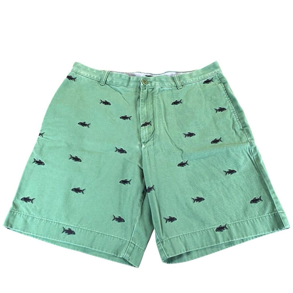 J.Crew Sz 36 Embroidered Fish Golf Casual Chino Shorts Green Regular Fit Preppy